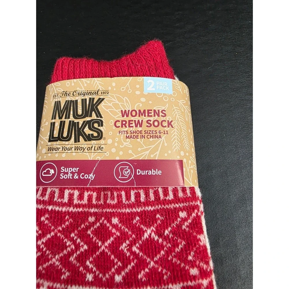 Muk‎ Luks Womens Crew Socks 2 Pack Red White Fair Isle Plaid OSFM 2200011-601